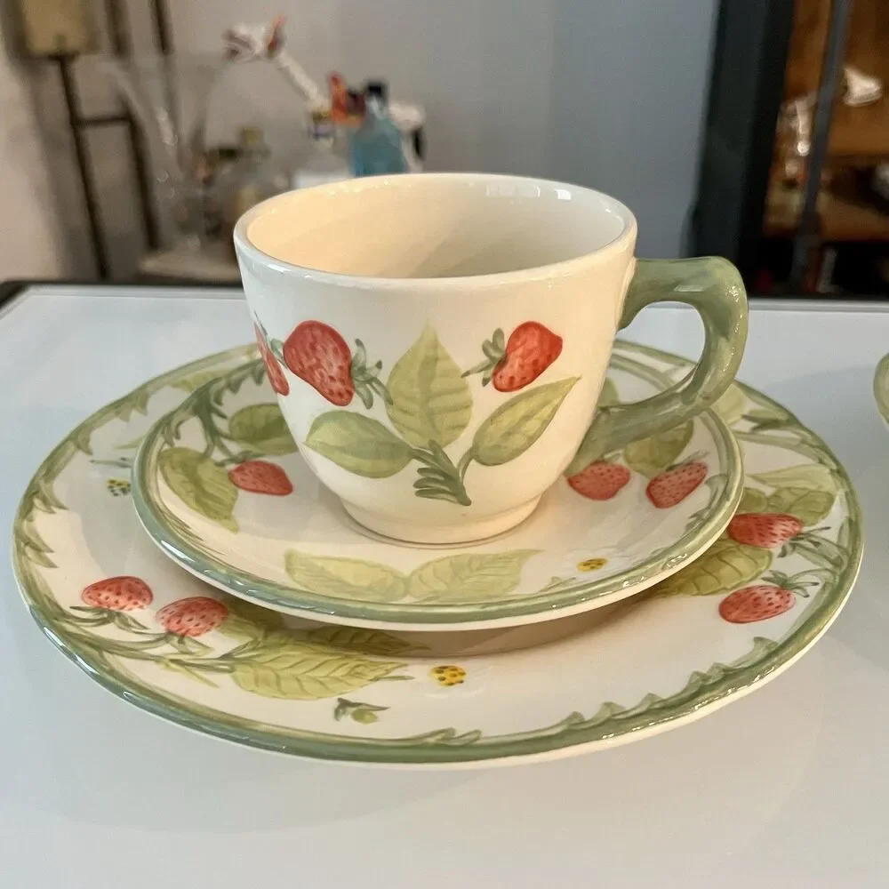 Franciscan Strawberry Fair Cup Saucer Plate Set Vintage Cottagecore Tea Party